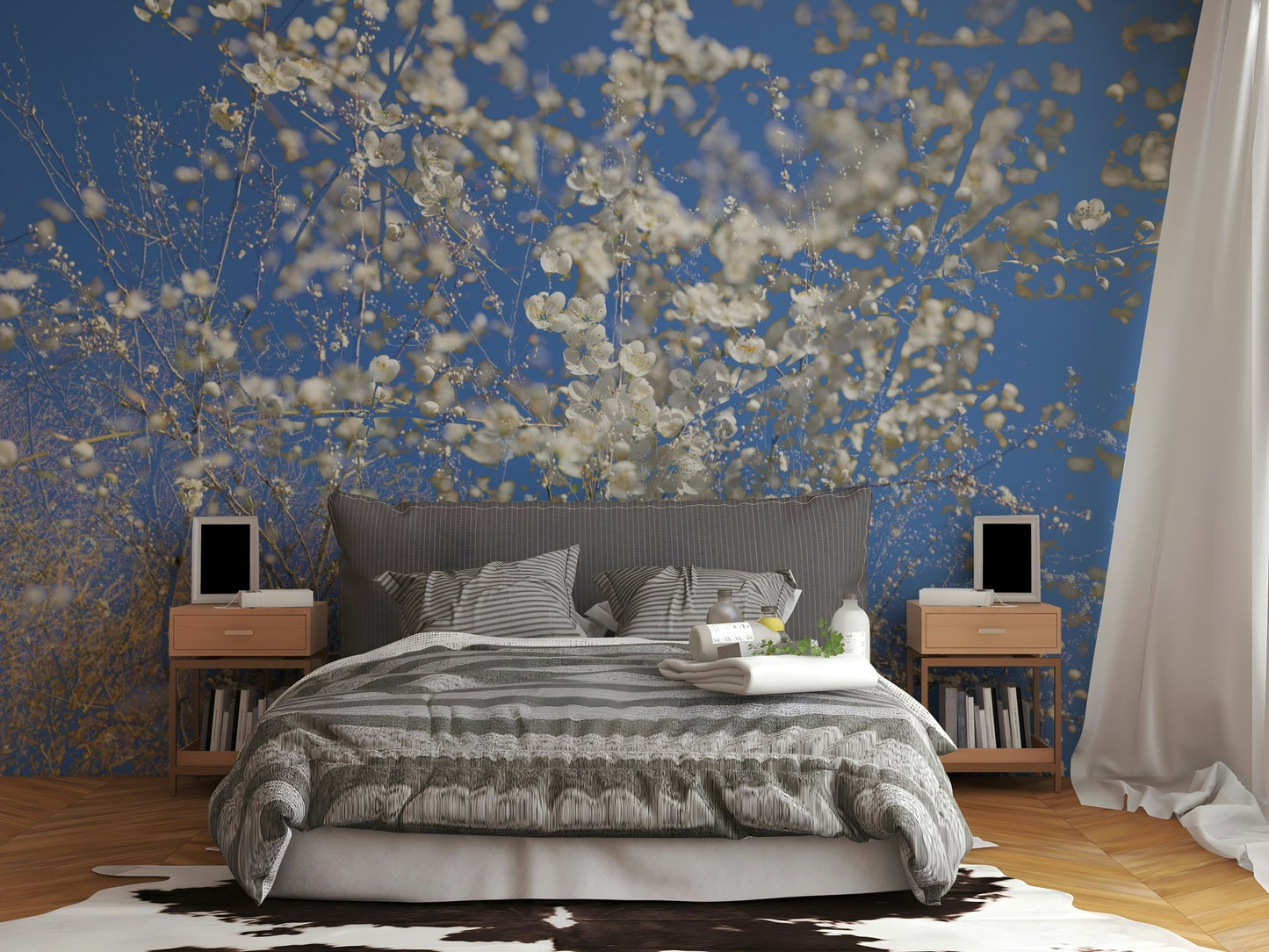 White Blossoms Against a Clear Blue Sky - Spring Nature Photography Wall Mural
