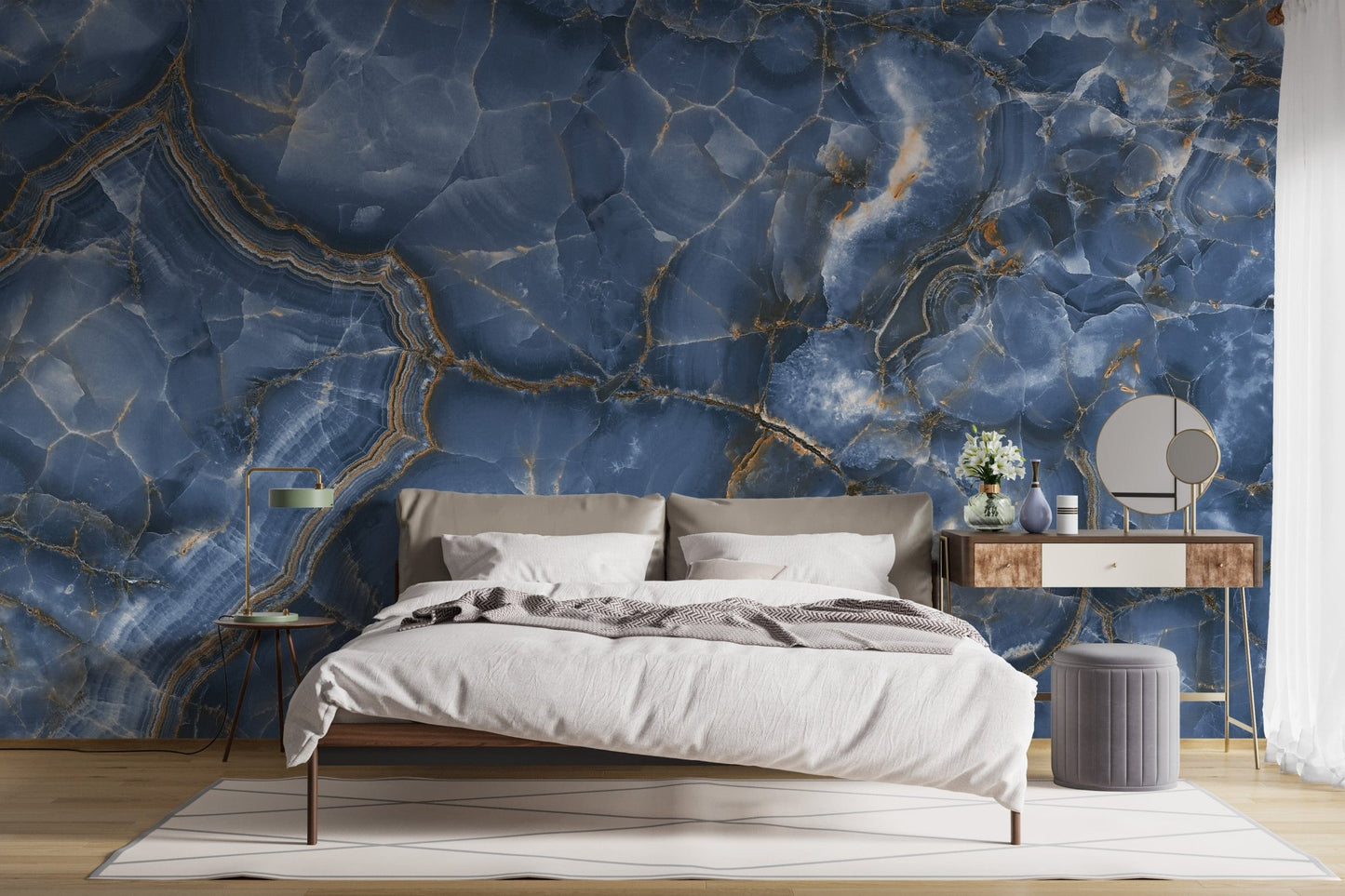 Chic marble mural with white and blue onyx patterns
