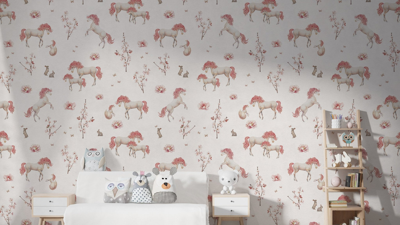 White unicorn and floral pattern mural
