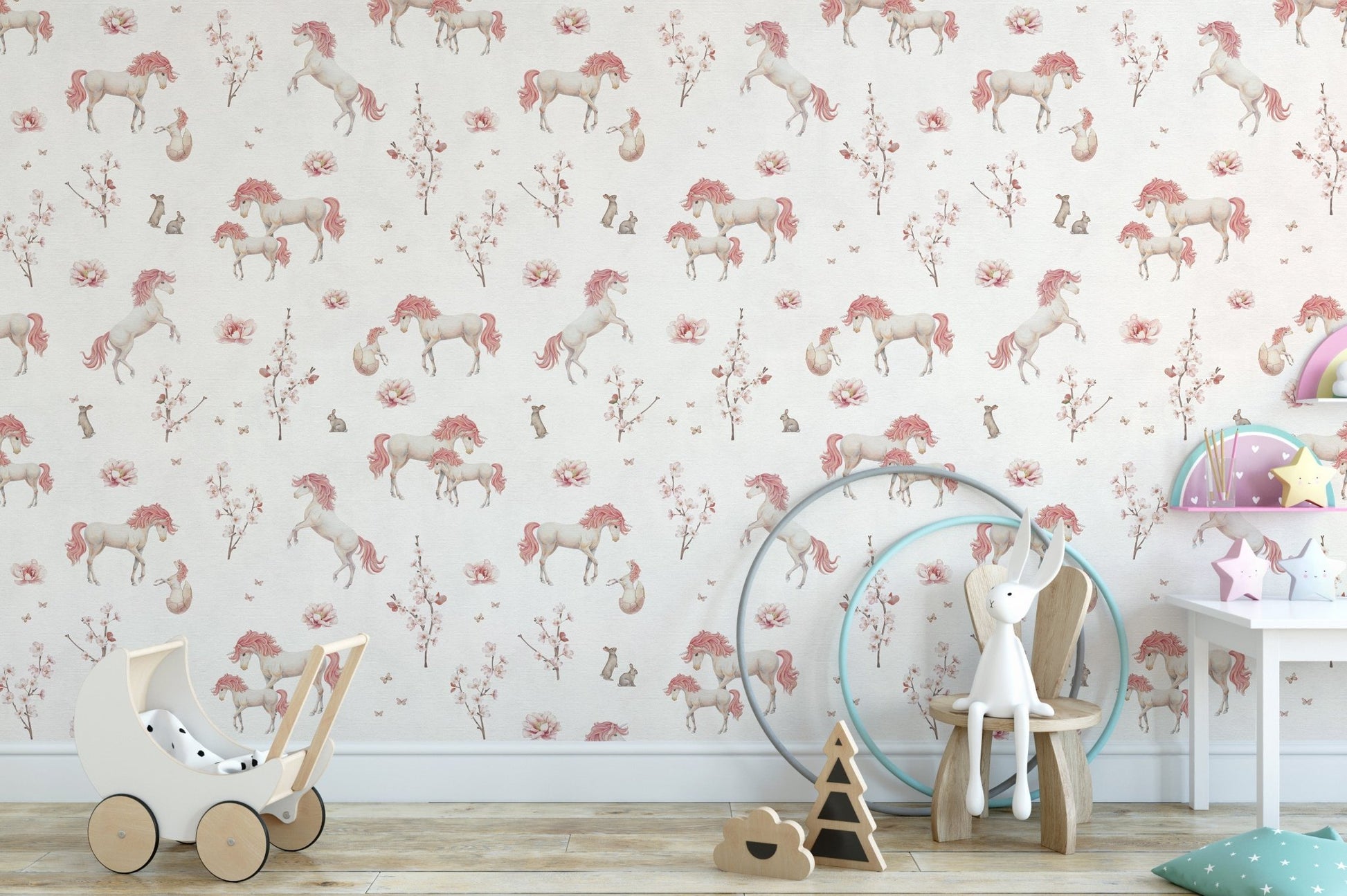 White unicorn wallpaper with floral accents
