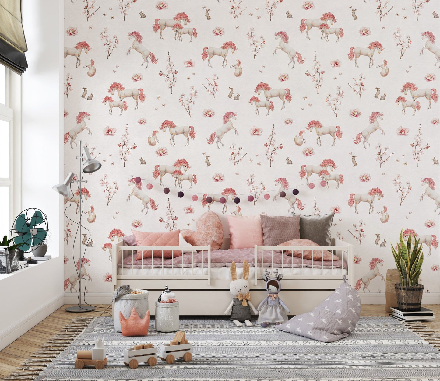 Hand-drawn unicorn floral print wallpaper
