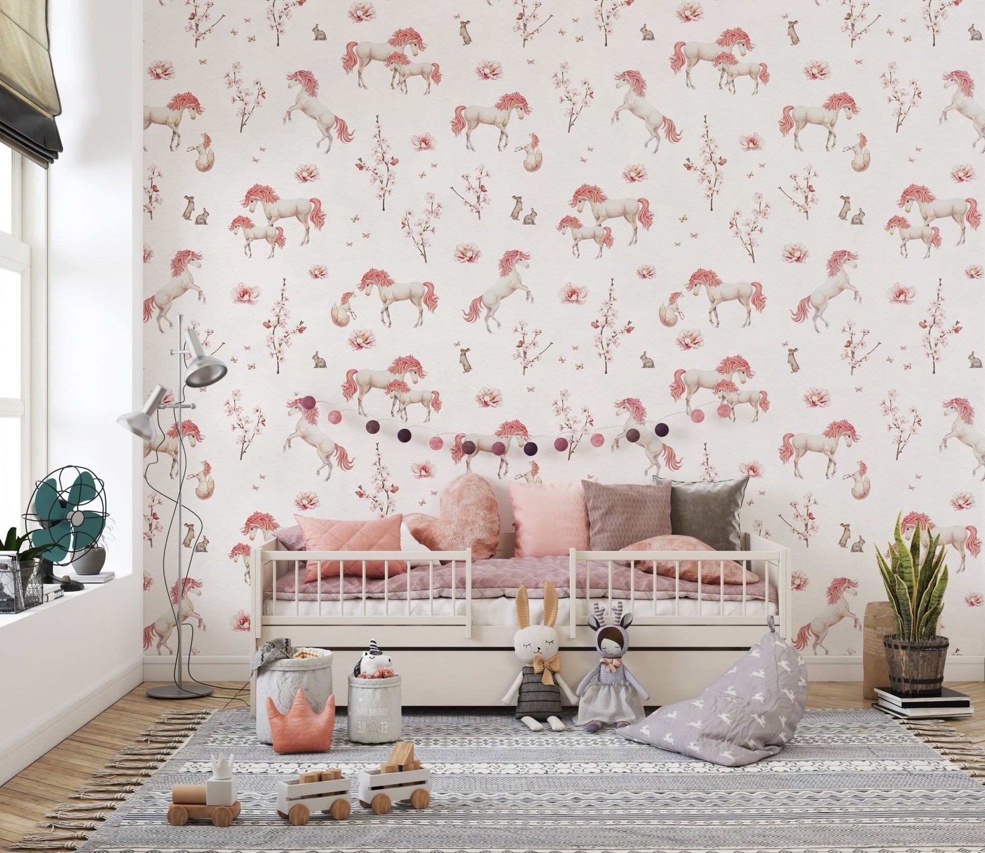 Hand-drawn unicorn floral print wallpaper
