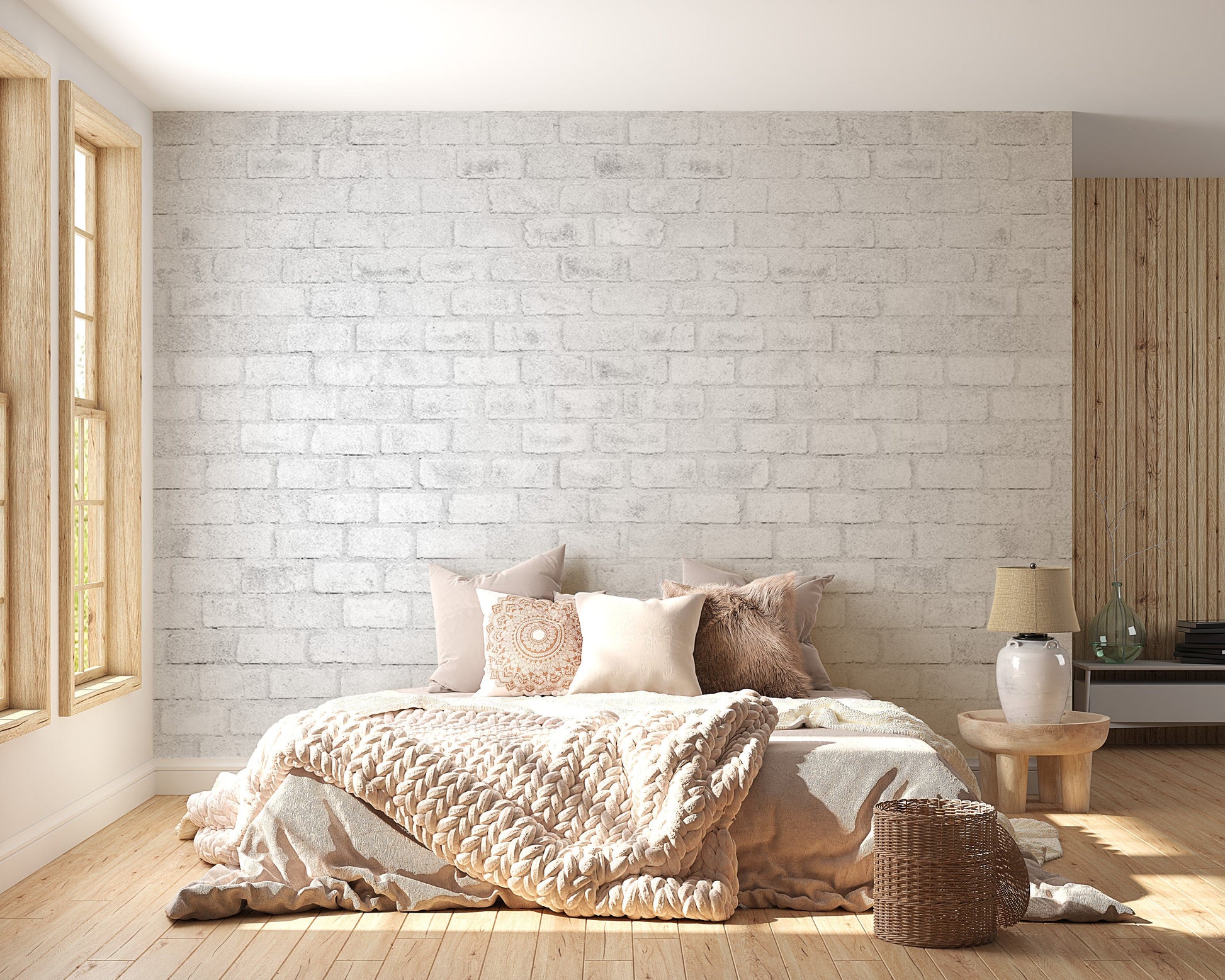Rustic white brick wall mural for timeless decor
