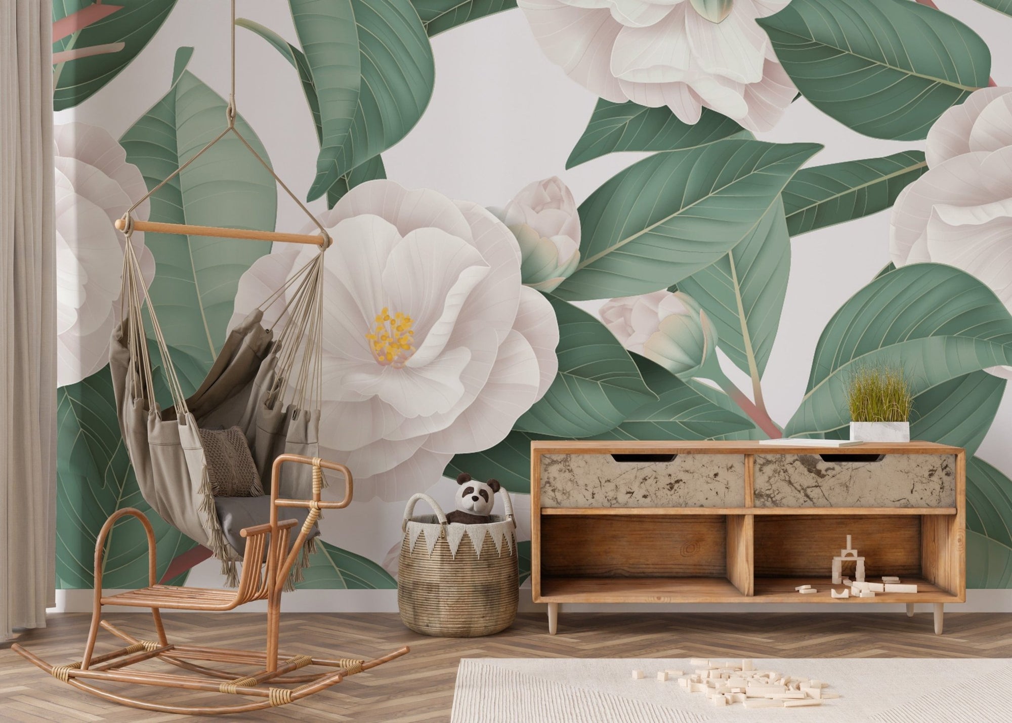 Elegant white camellia flowers wallpaper mural for serene decor. A633
