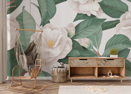 Elegant white camellia flowers wallpaper mural for serene decor. A633
