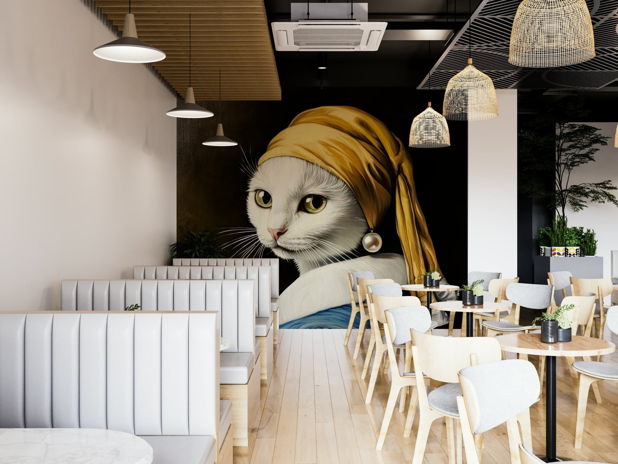 white cat with pearl earring in blue robe wall mural GD3326

