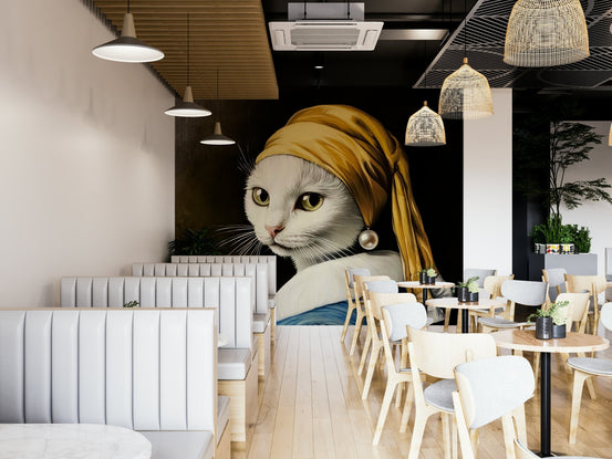 white cat with pearl earring in blue robe wall mural GD3326


