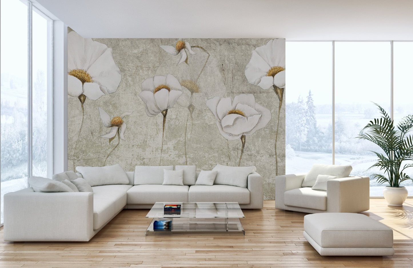 Nature-inspired white floral wallpaper  A855