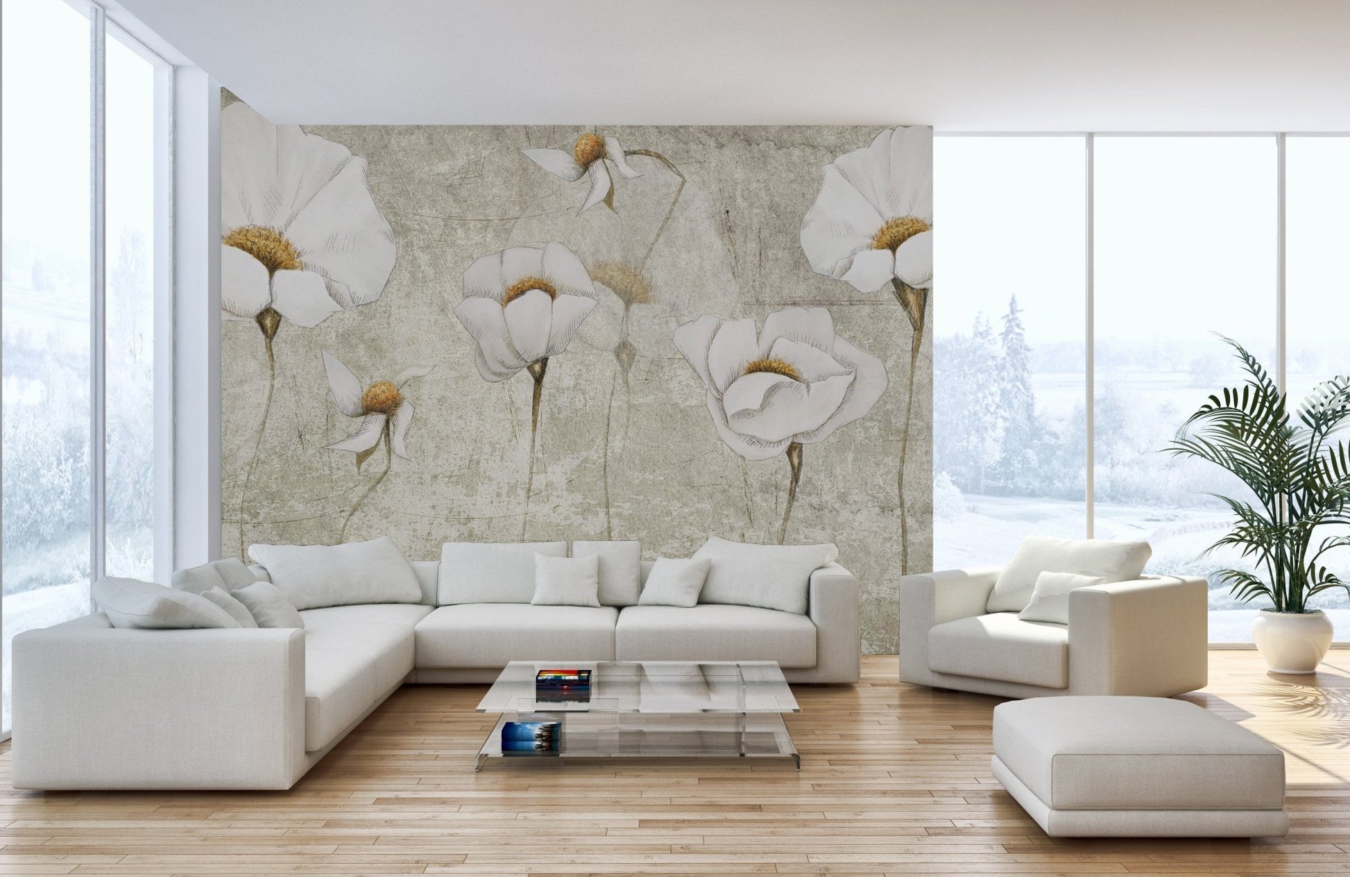 Nature-inspired white floral wallpaper  A855