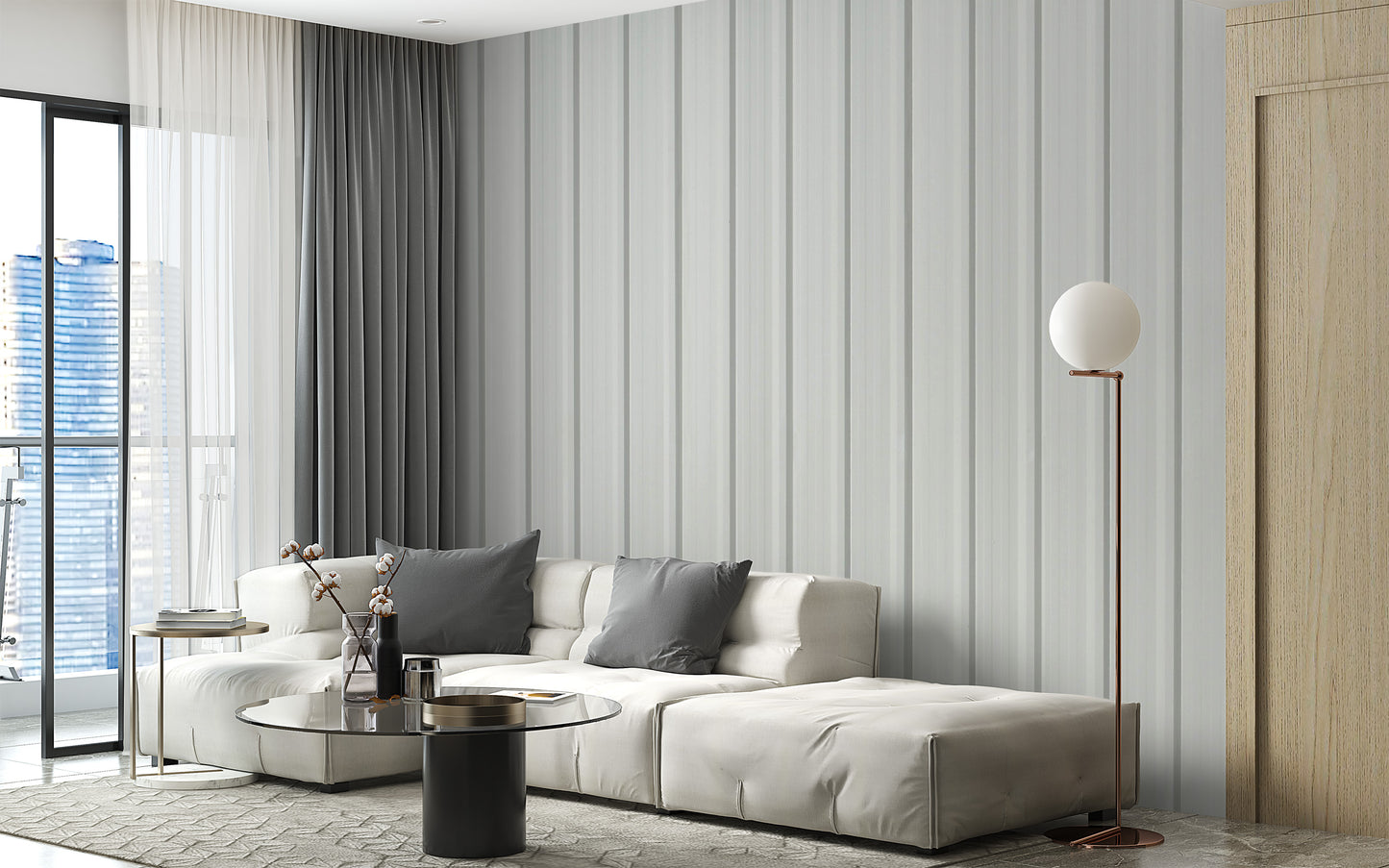 Decorative corrugated metal wall mural in white tones
