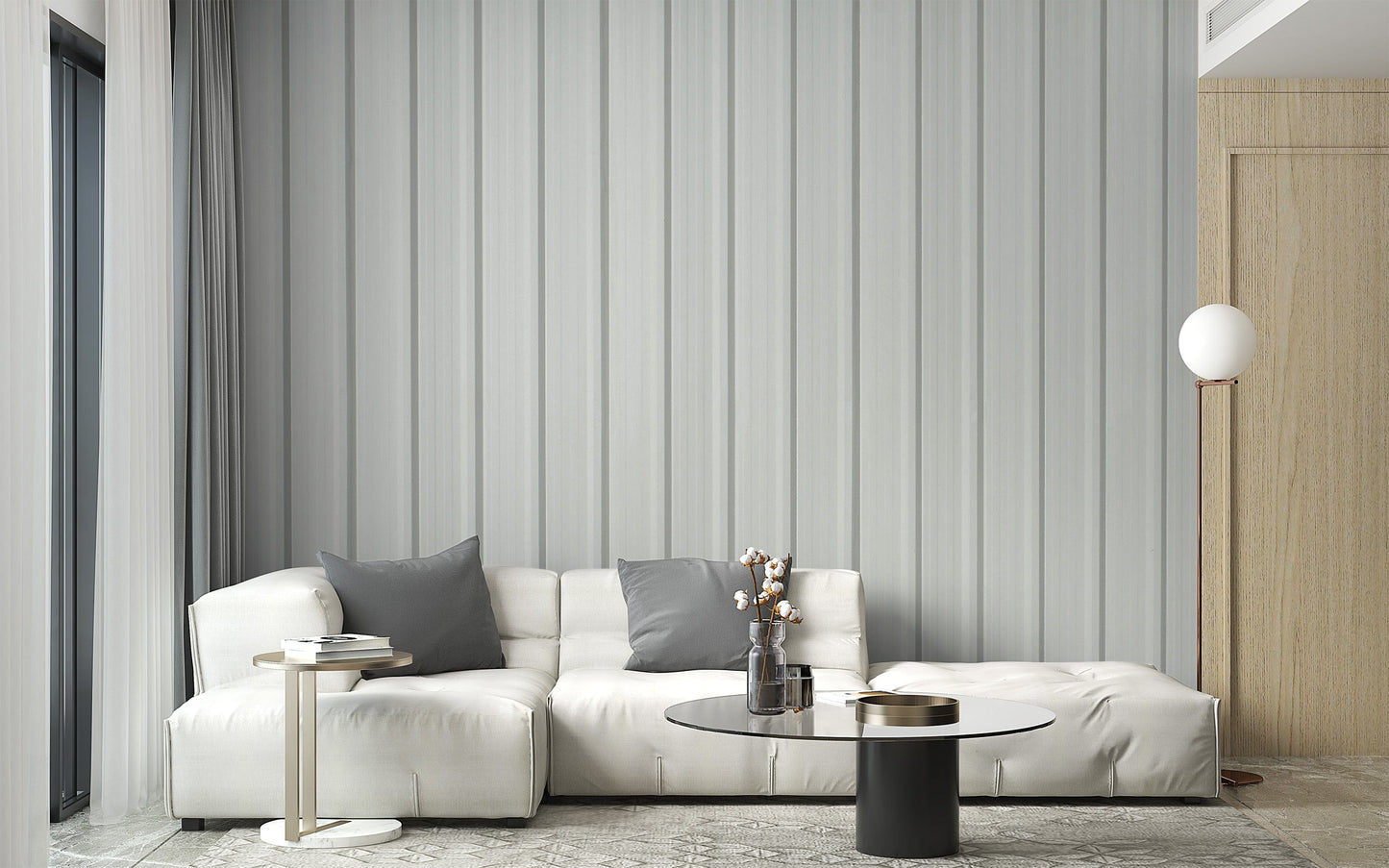 Industrial-style white corrugated metal wallpaper
