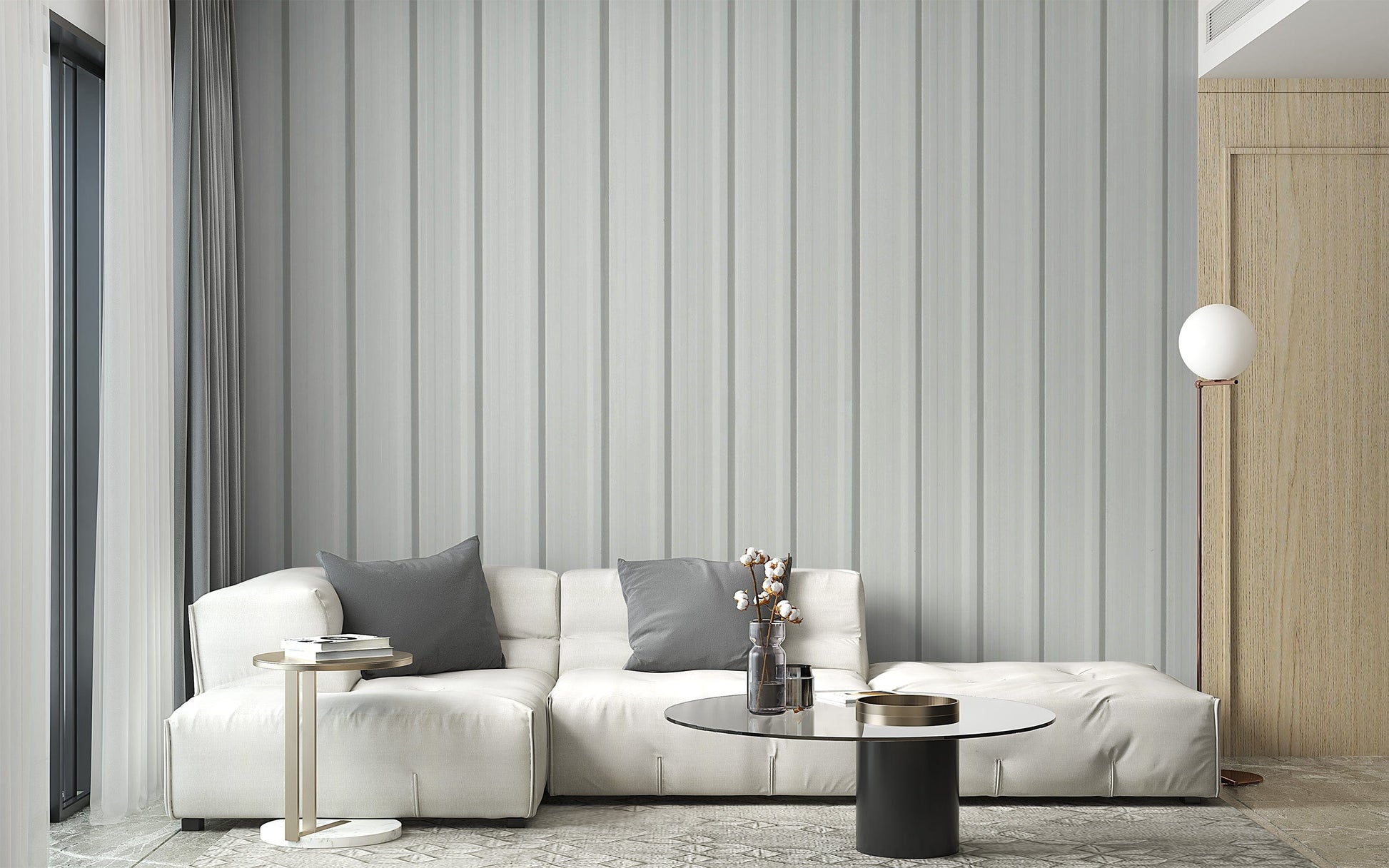 Industrial-style white corrugated metal wallpaper
