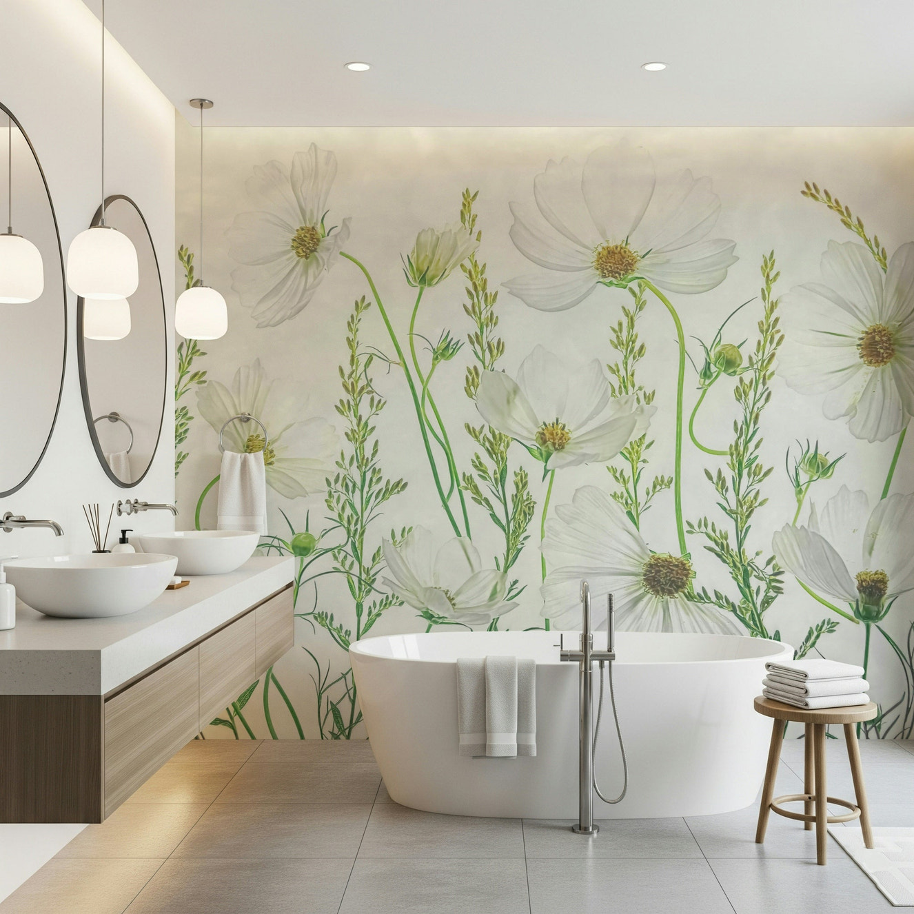 A beautiful white cosmos flower wallpaper mural for a modern home.