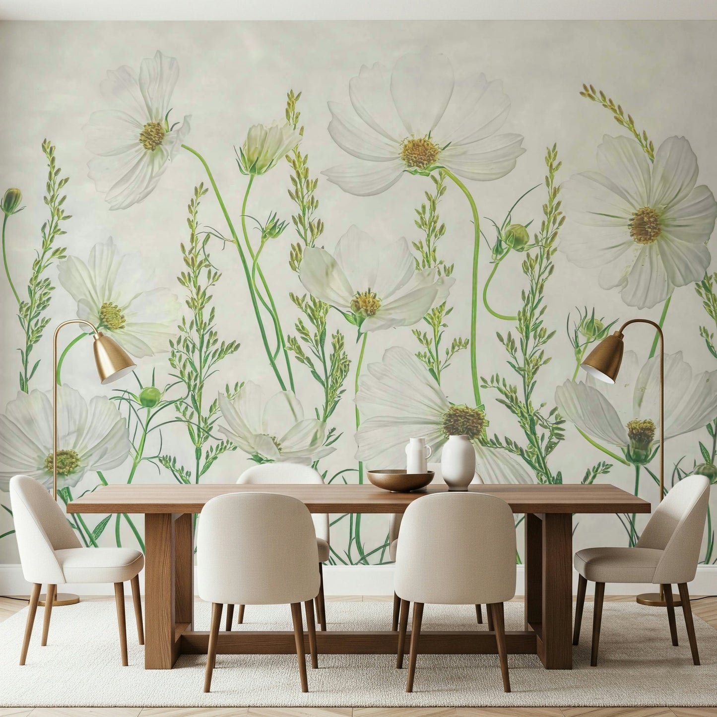 A peaceful flower design mural on decorative wallpaper.
