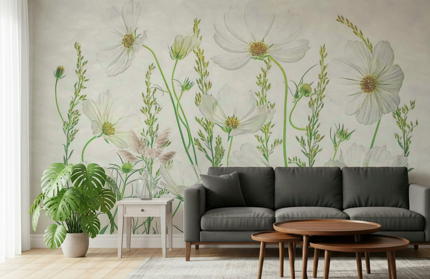 A graceful subtle bloom wall mural in soft, white tones.