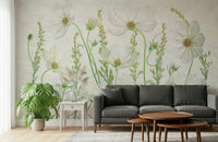 A graceful subtle bloom wall mural in soft, white tones.