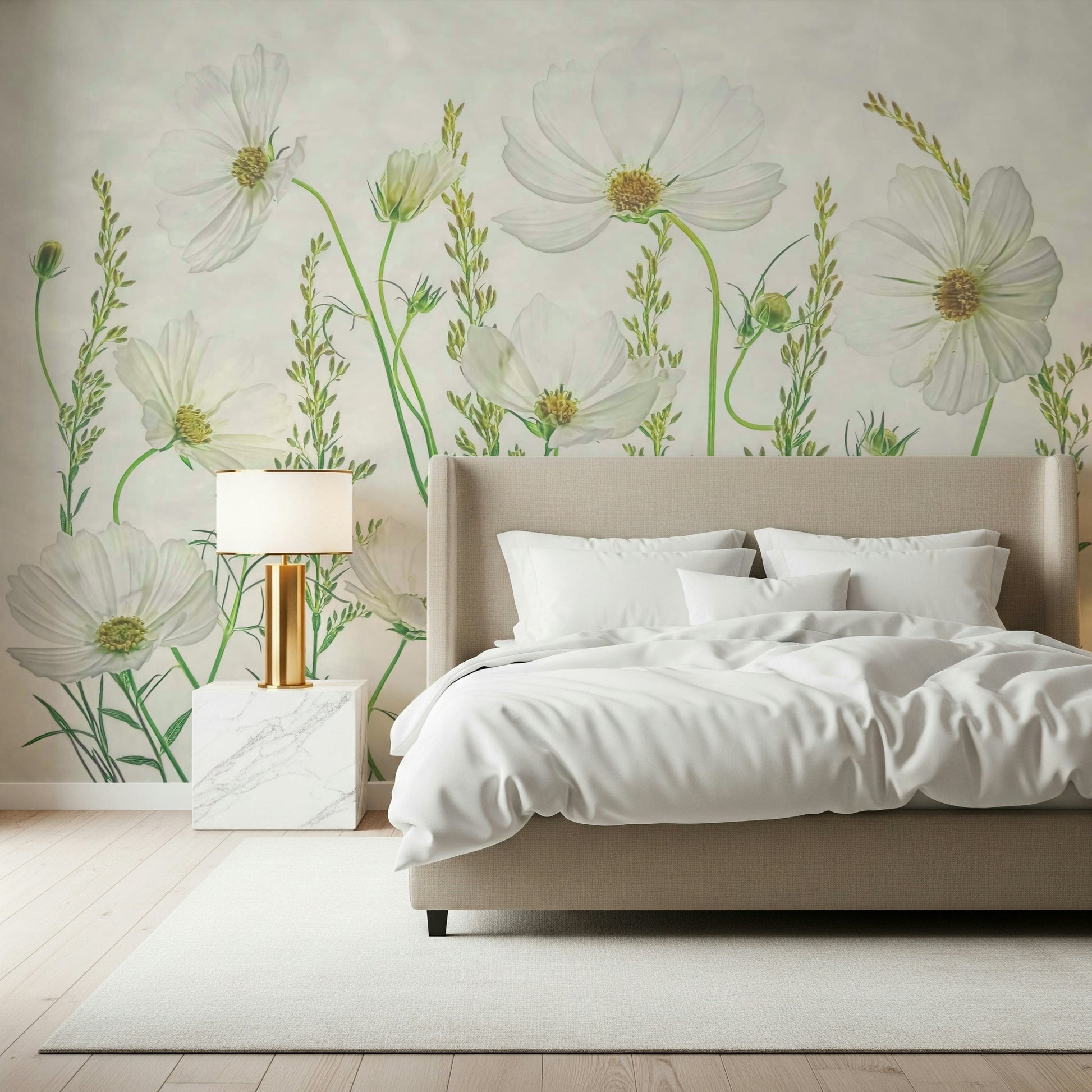 A contemplative floral pattern wallpaper mural for a feature wall.