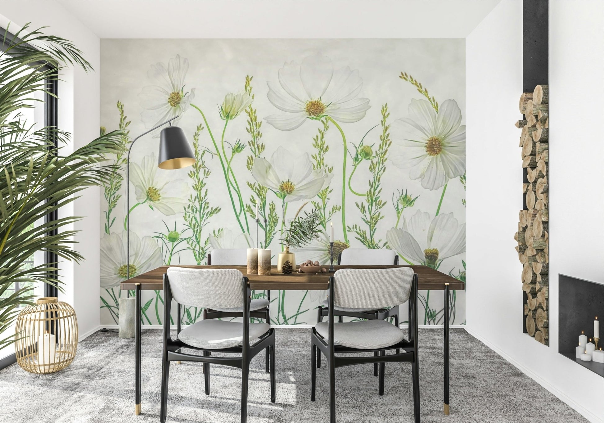 An artistic delicate cosmos mural on minimalist wallpaper.