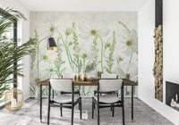 An artistic delicate cosmos mural on minimalist wallpaper.
