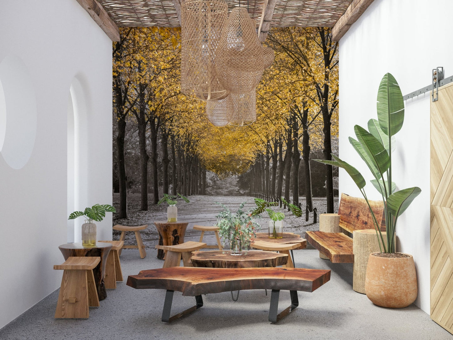 Textured white gold wall mural behind a contemporary sofa.