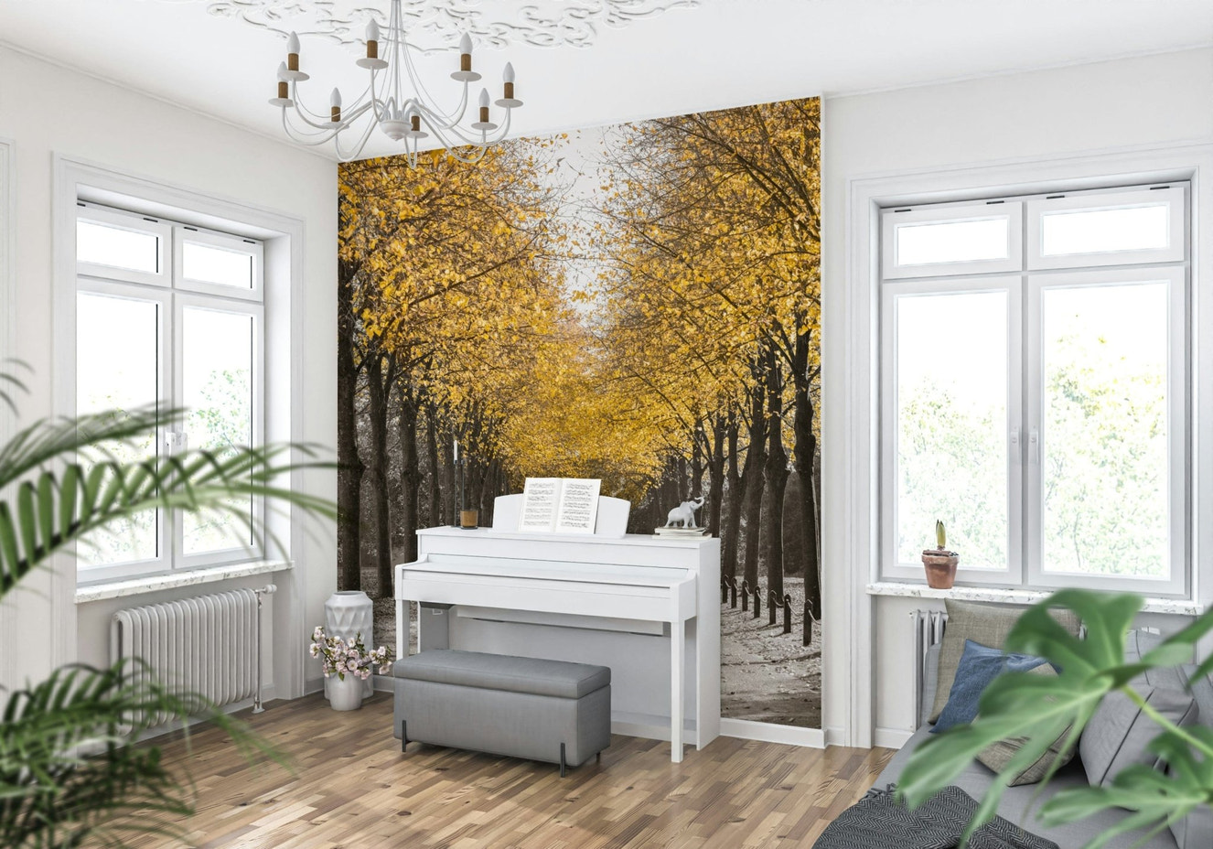 White gold wall mural in a modern living room setting.