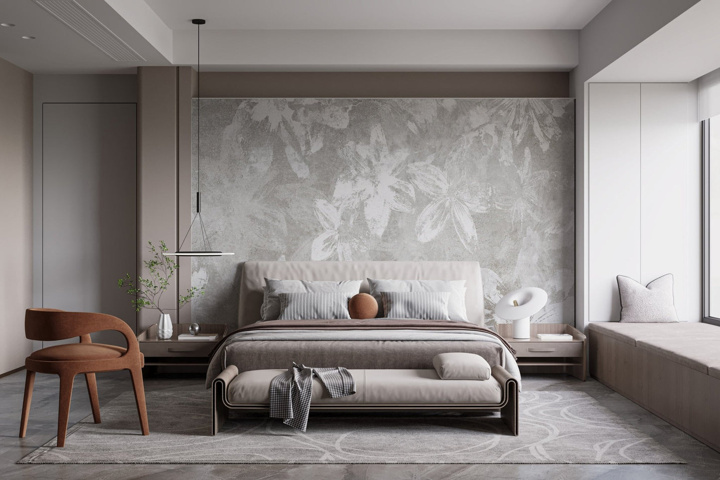 Rustic-themed wallpaper mural featuring white flowers B172