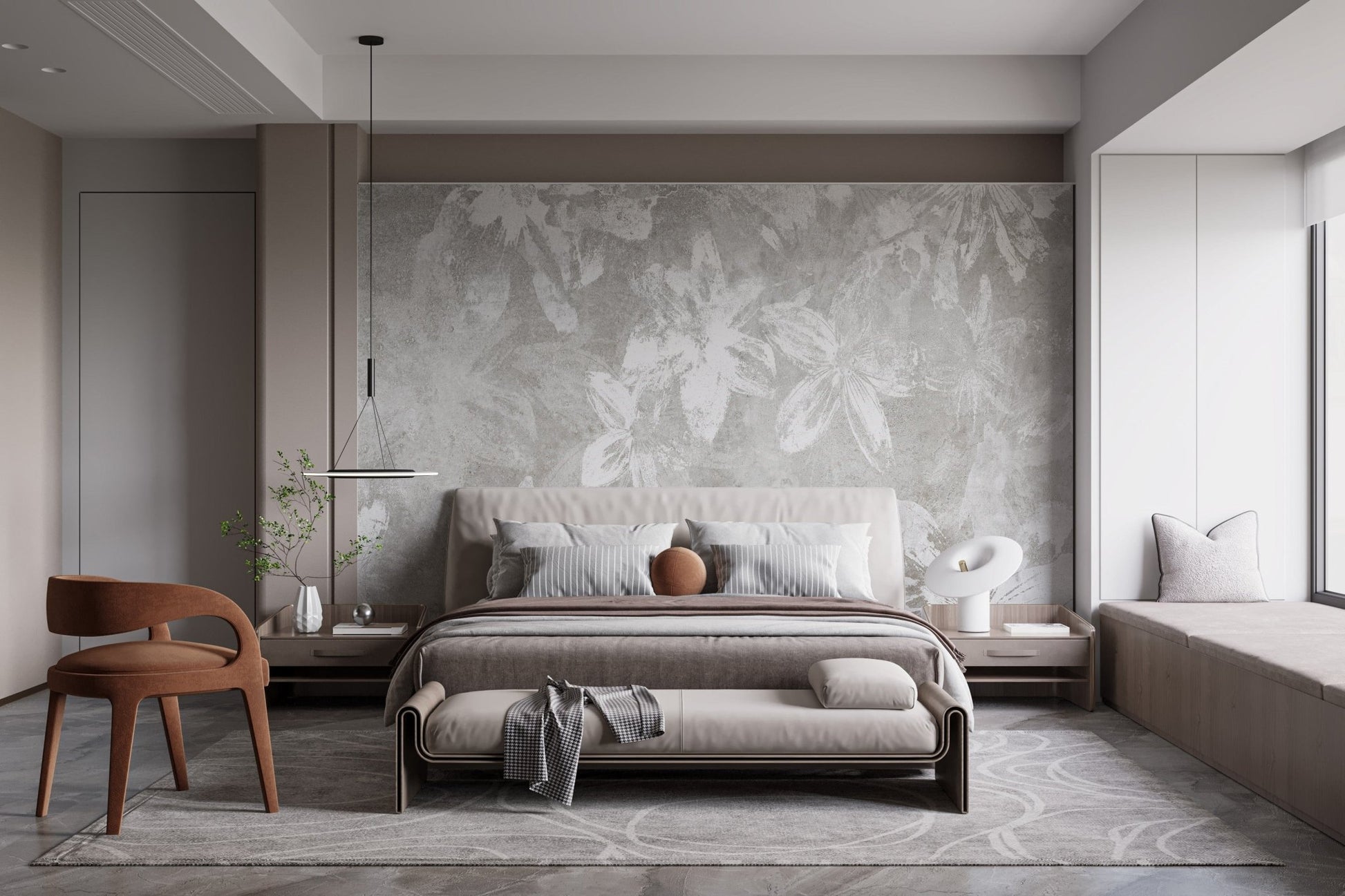 Rustic-themed wallpaper mural featuring white flowers B172
