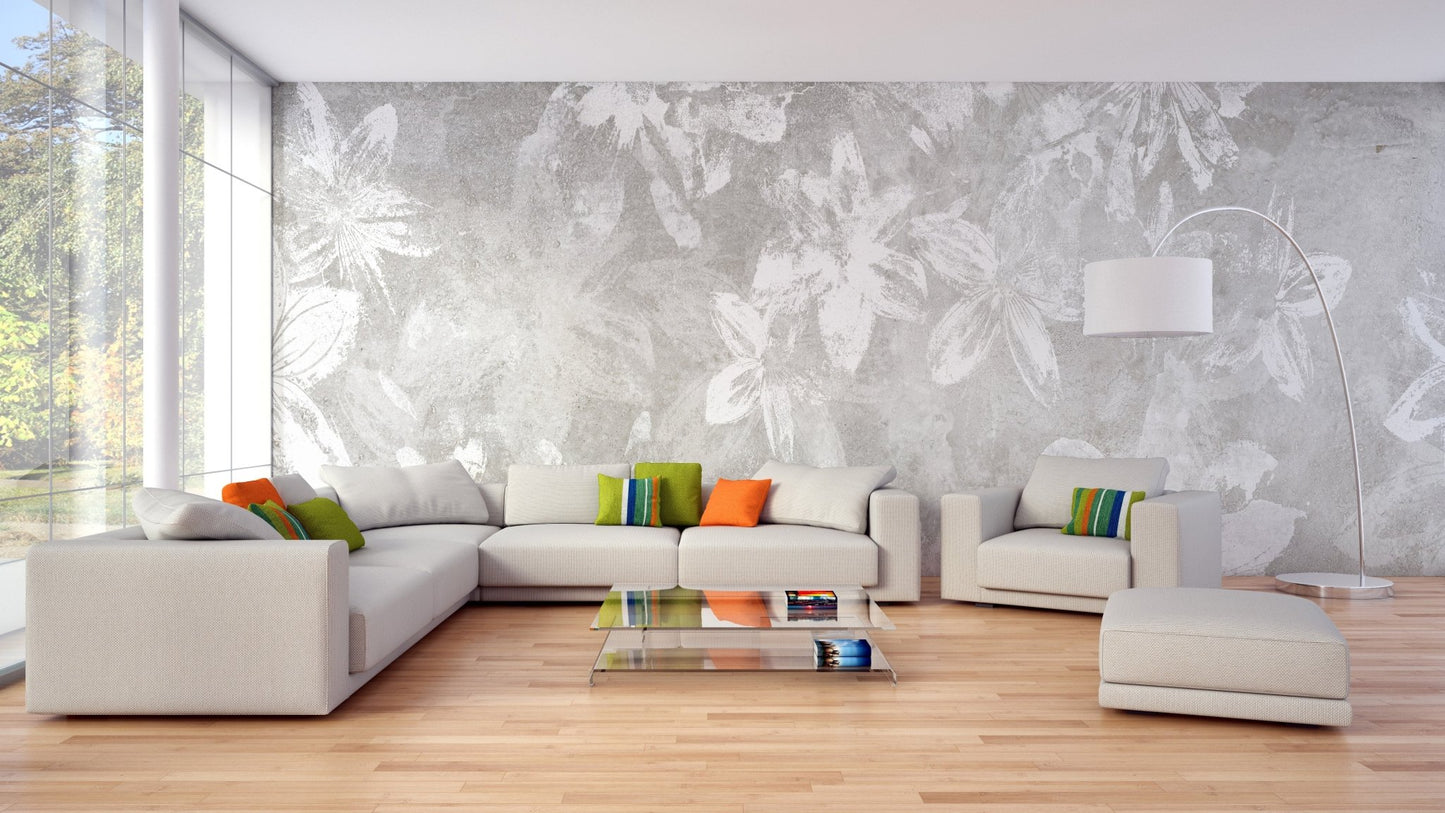 White floral mural with rustic charm B172