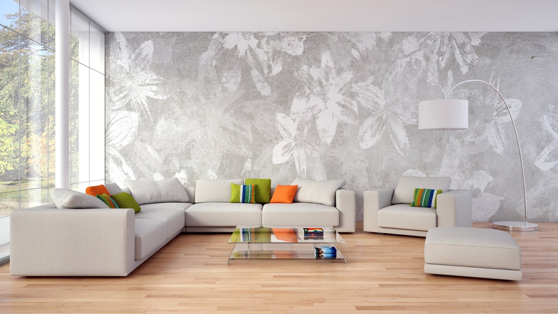 White floral mural with rustic charm B172