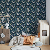 Tranquil lagoon wallpaper in blue with herons

