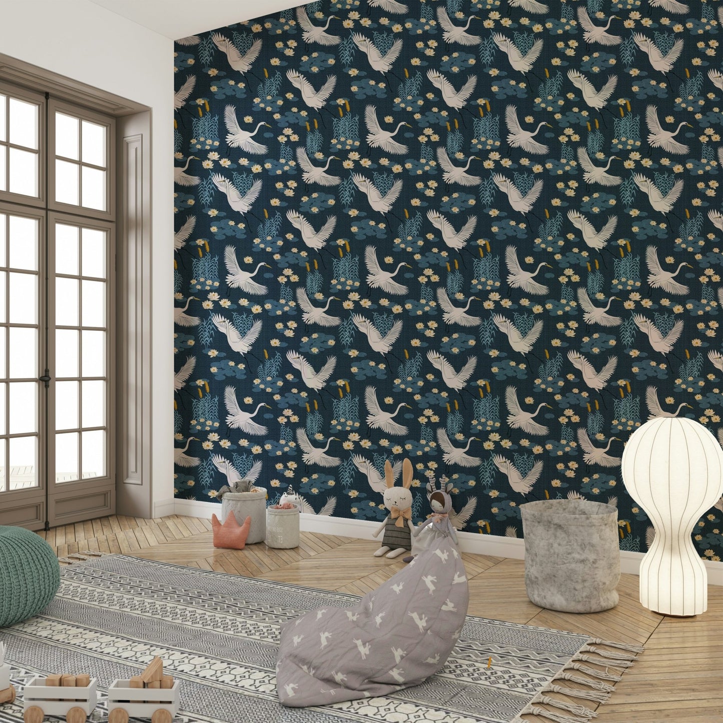 Coastal-inspired wallpaper with herons in lagoon

