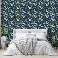 Nature-inspired blue wallpaper with heron motifs


