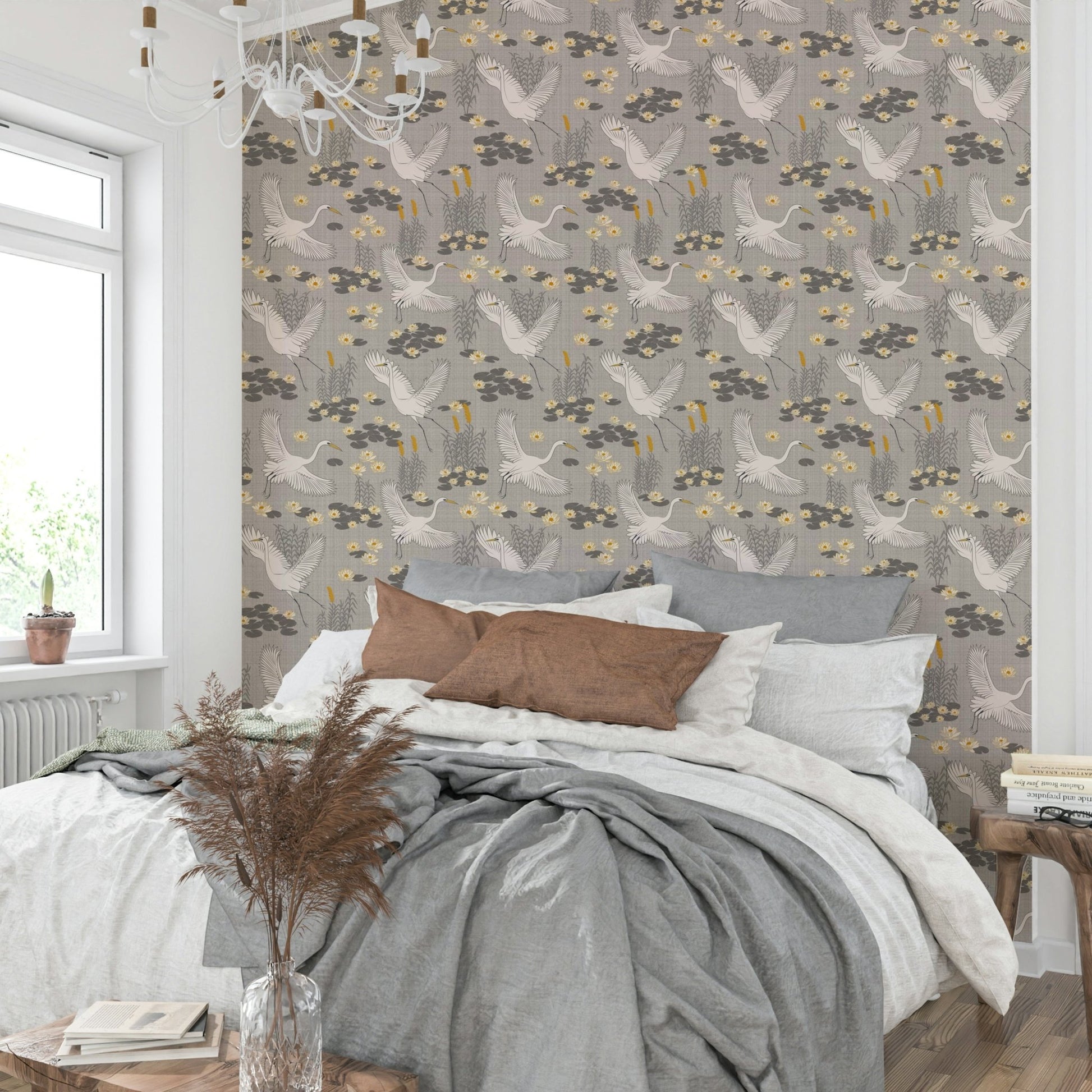 Lagoon-inspired wallpaper with herons and reeds

