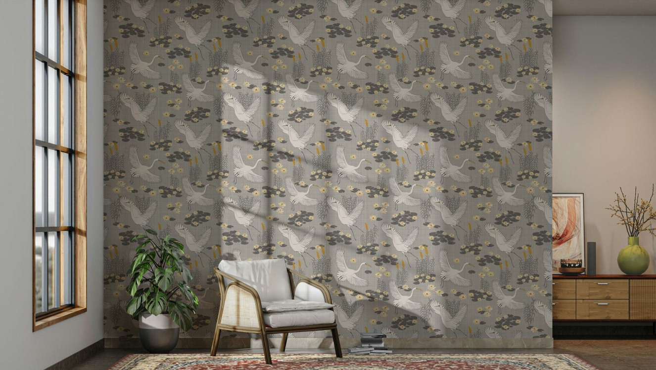 Serene lagoon wallpaper featuring white herons

