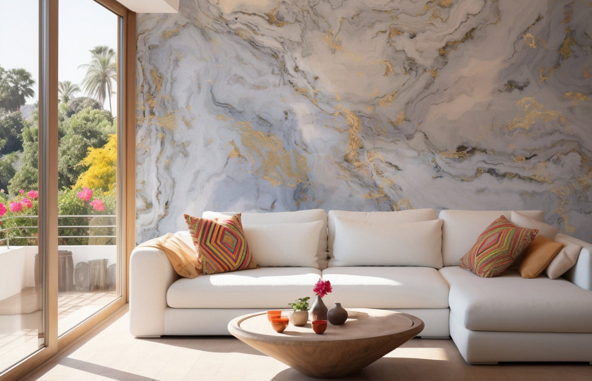 White marble wallpaper with gold accents B257

