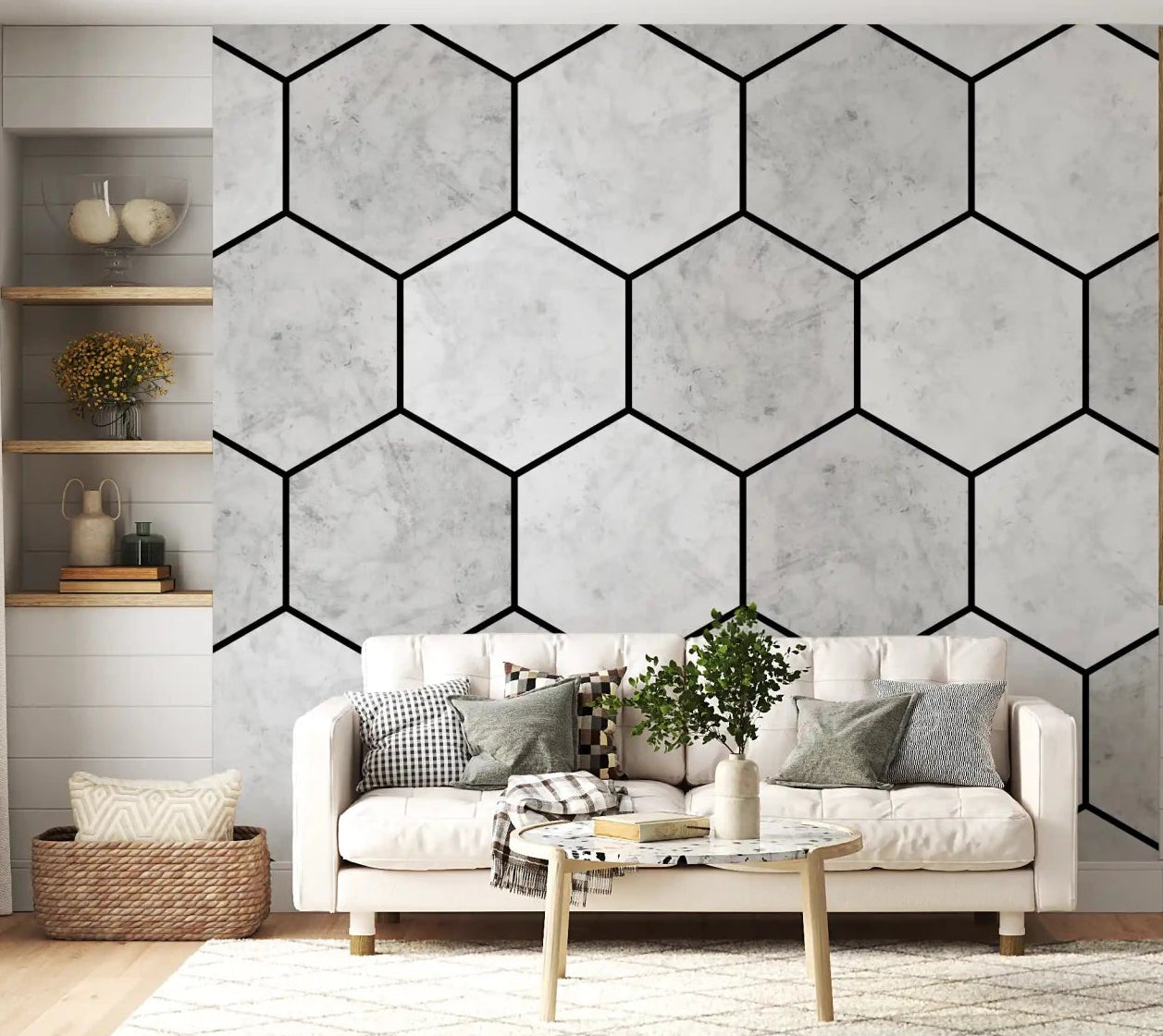 Modern living room featuring the White Marble Hexagon wall muralGD9513