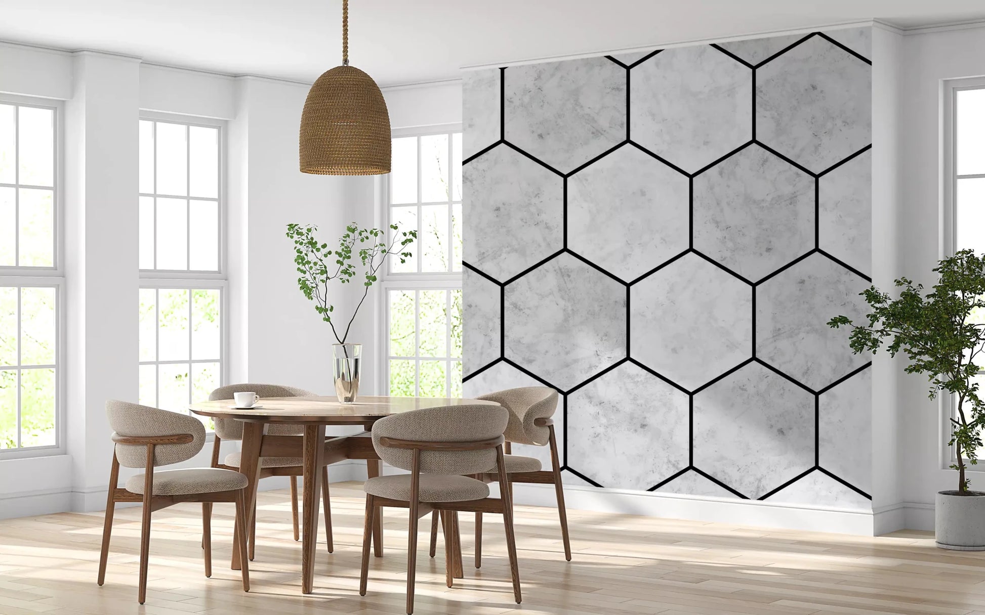 White Marble Hexagon wall mural creates a focal point in a Dining room GD9513