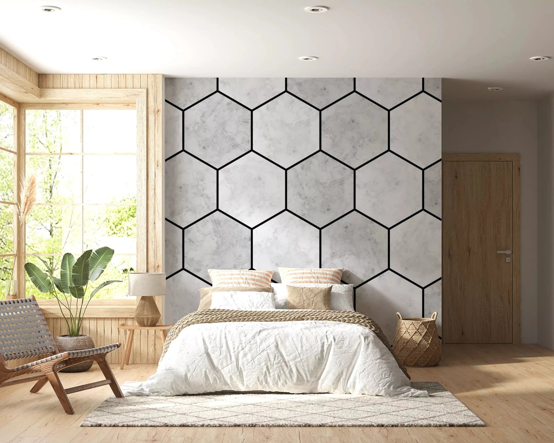 Black outlines define the shapes in the White Marble Hexagon wall muralGD9513