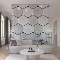 White Marble Hexagon wall mural behind a neutral Living room GD9513