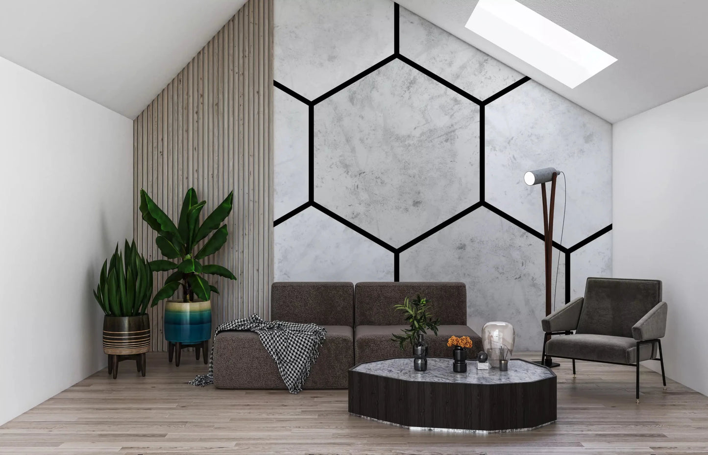 White Marble Hexagon wall mural adds a bold look to a bright loungeGD9513