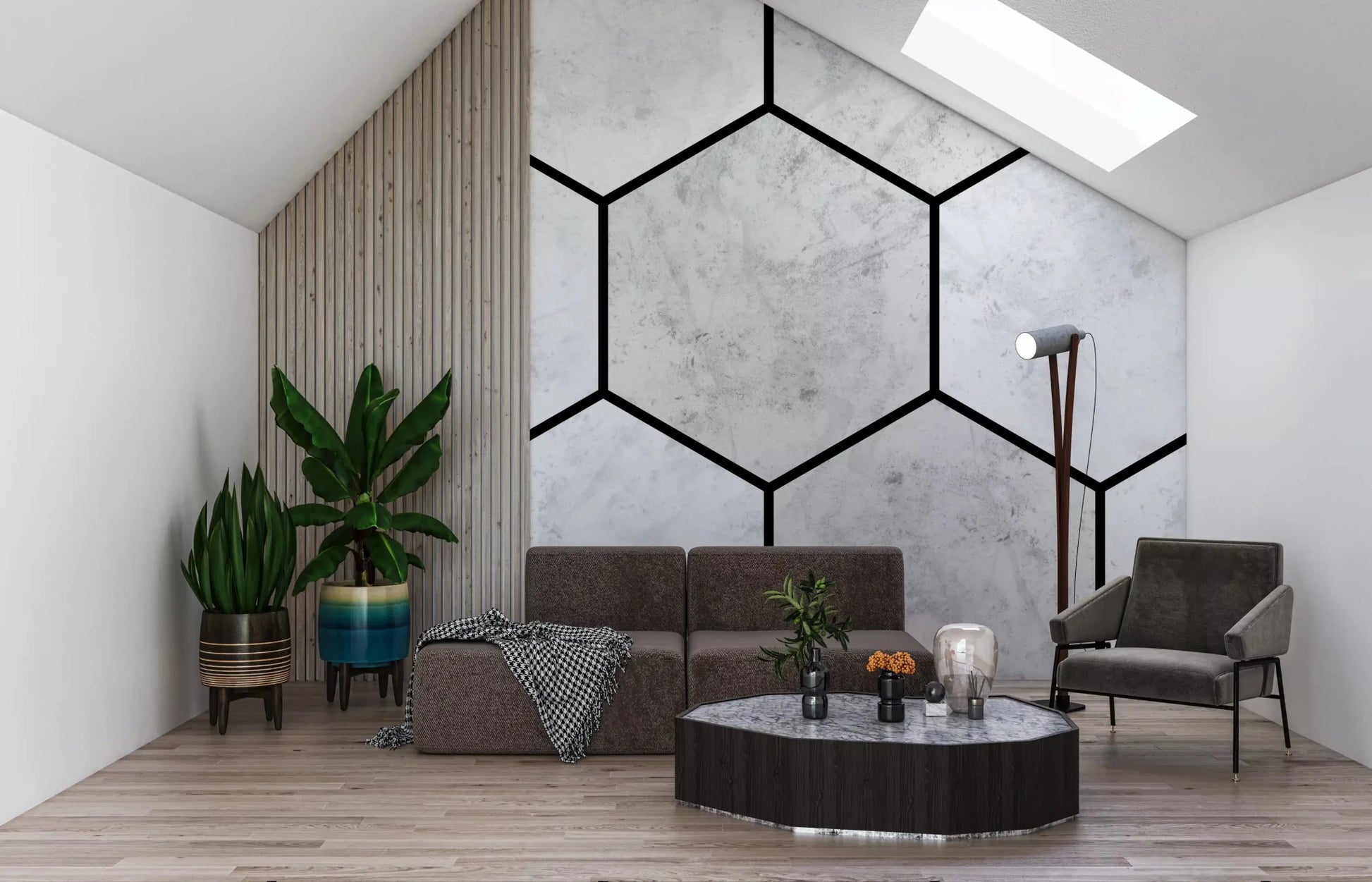 White Marble Hexagon wall mural adds a bold look to a bright loungeGD9513