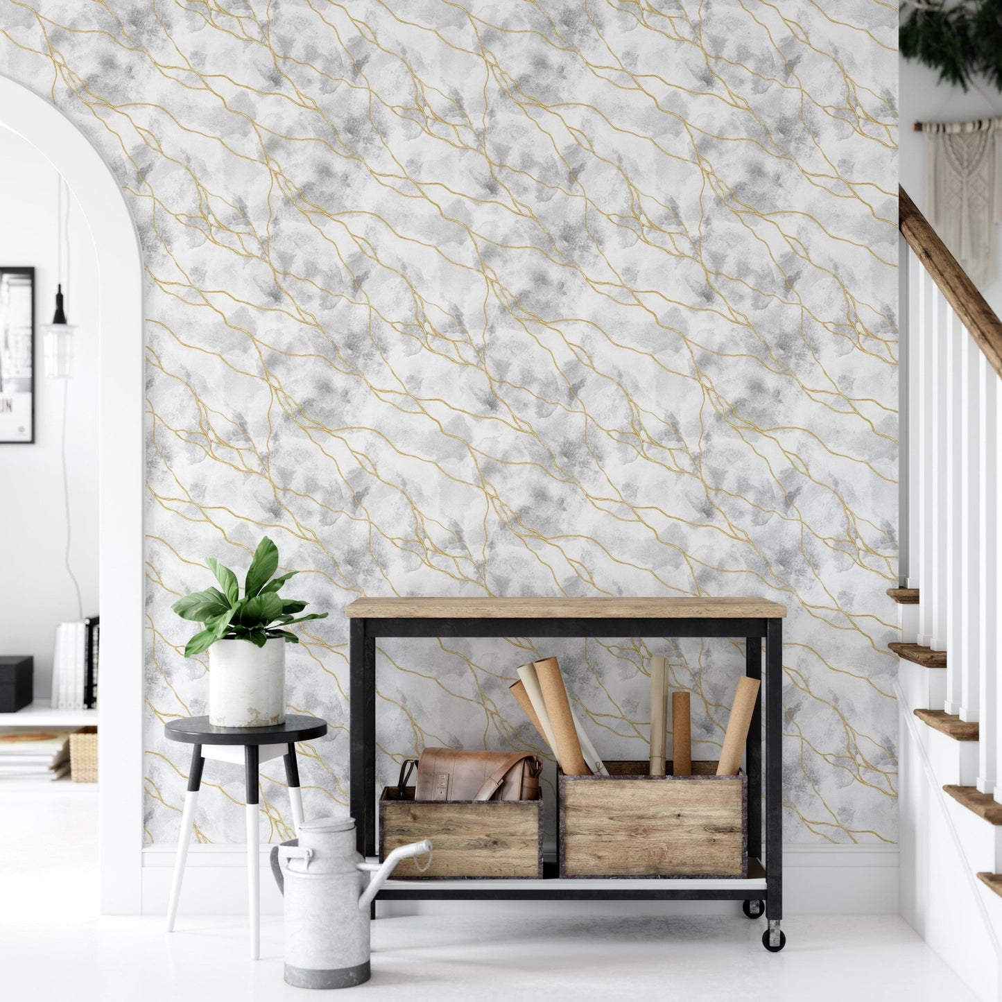 Abstract marble design with gold lines

