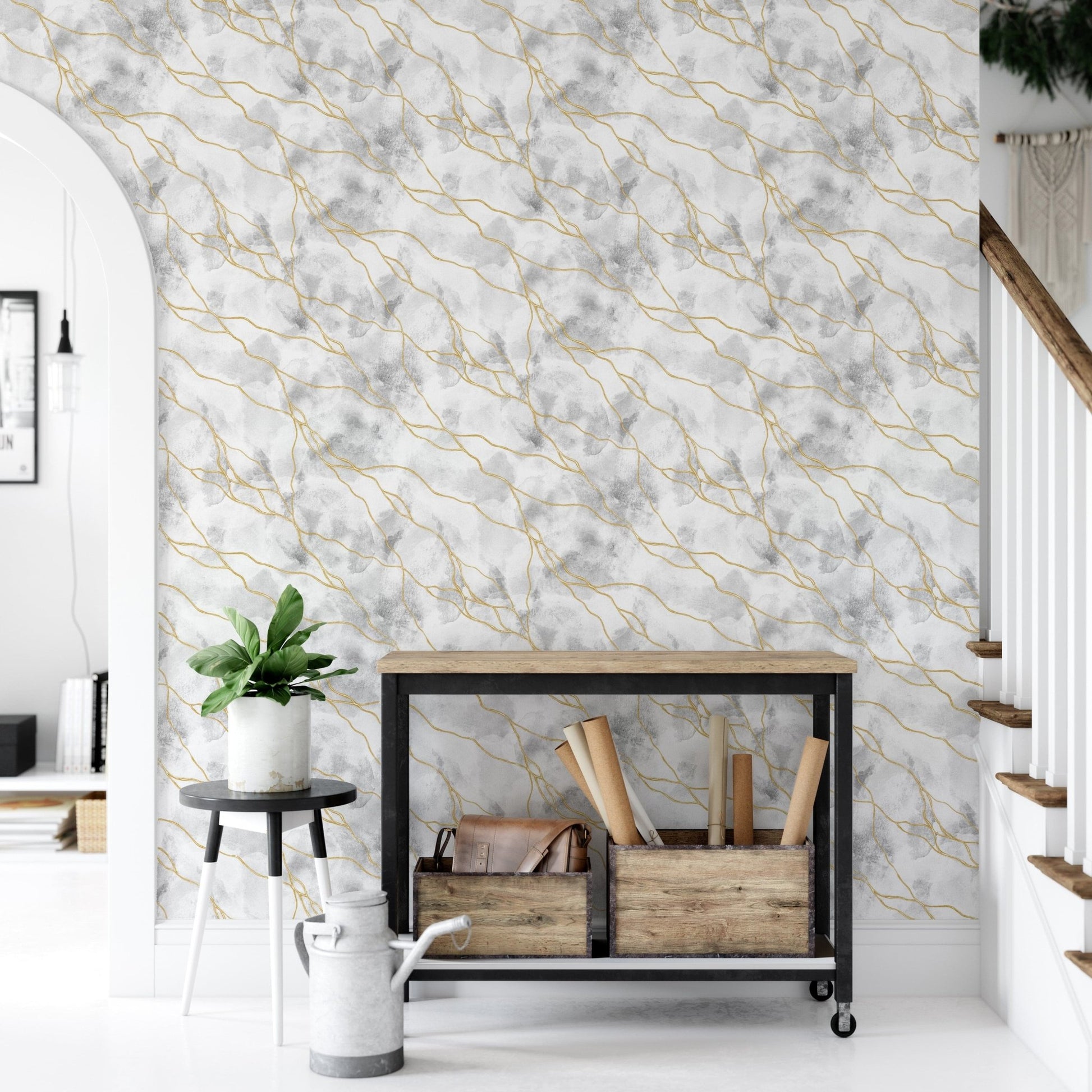 Abstract marble design with gold lines

