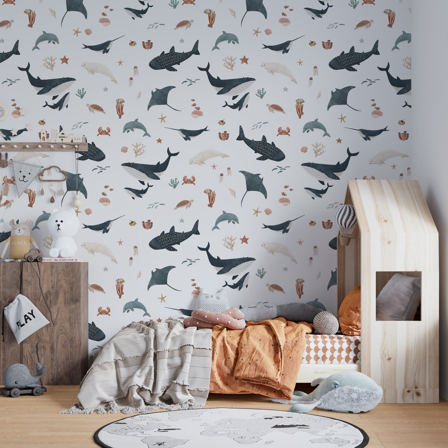 Deep sea wildlife wallpaper with whales
