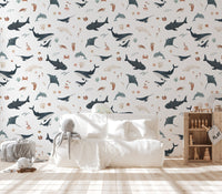 Nautical white sea life wallpaper design
