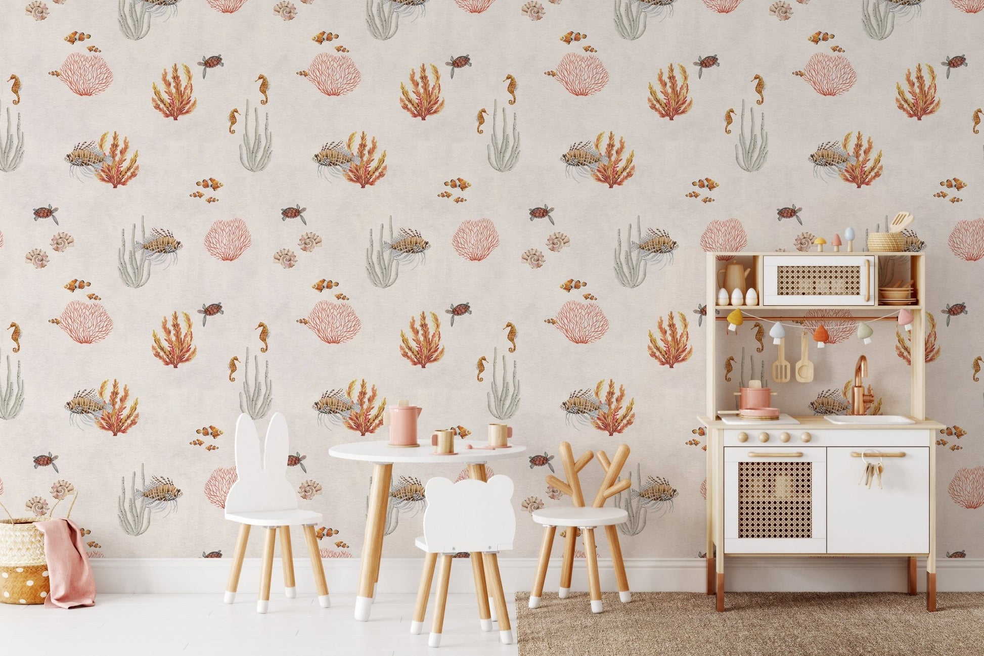 Nautical-themed wallpaper with sea life
