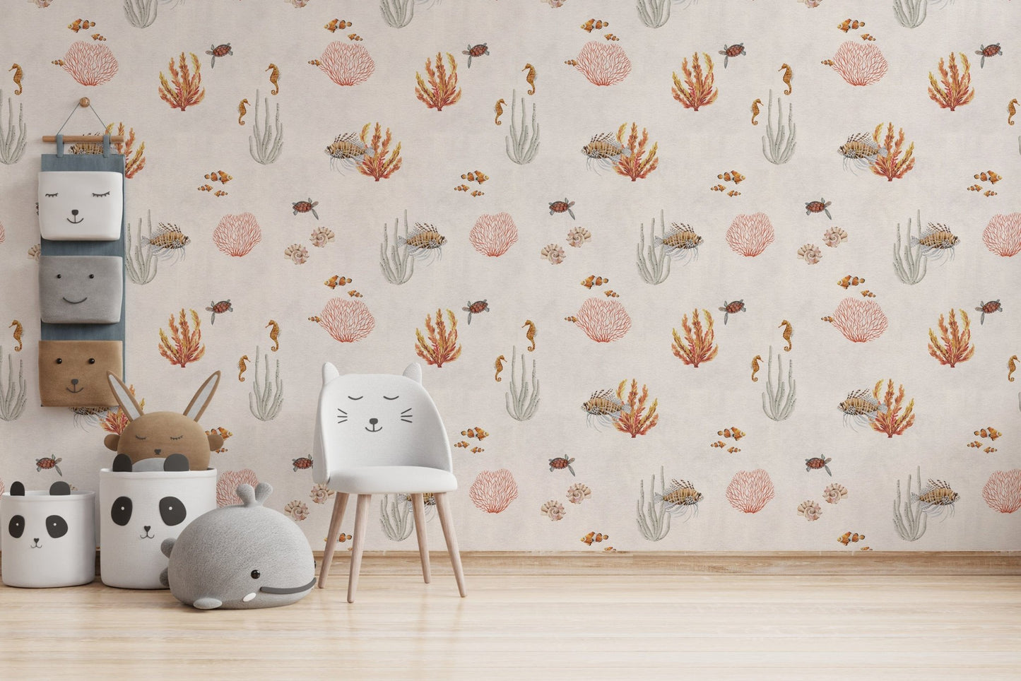 Coastal marine life wallpaper in white
