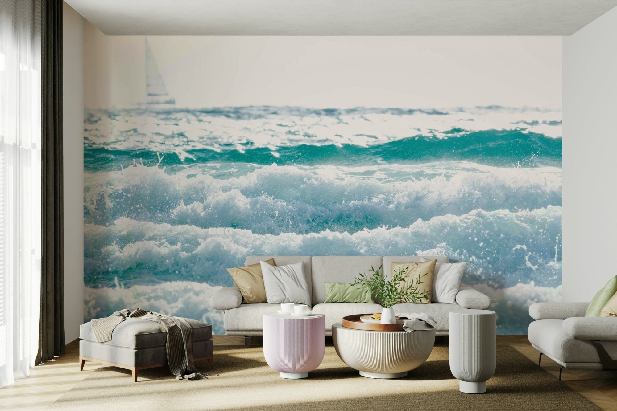 White on White wall mural showing turquoise surf breaking beneath a pale sky GD4937
