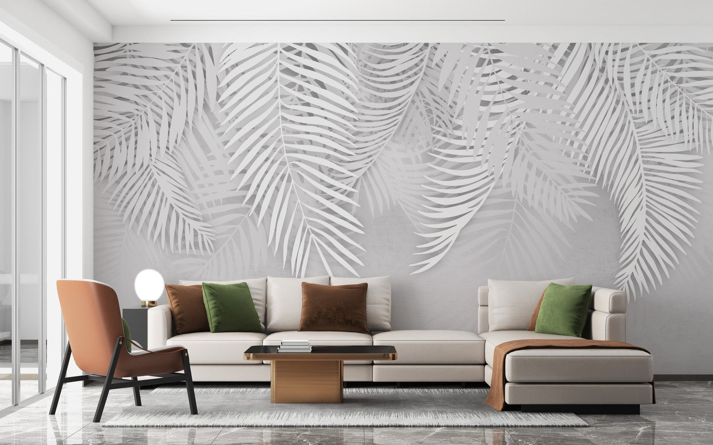 White palm leaves on concrete wallpaper A106
