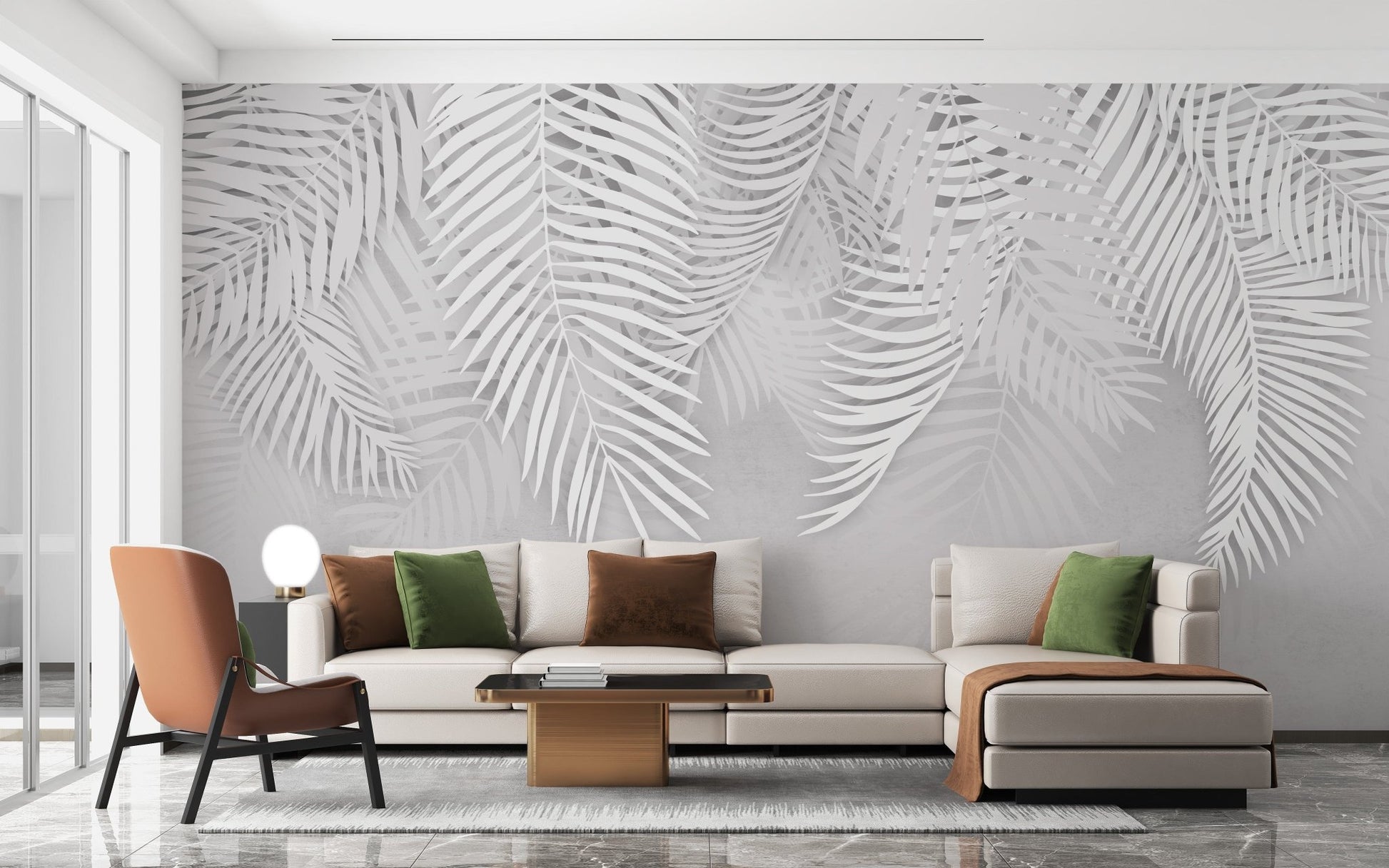 White palm leaves on concrete wallpaper A106
